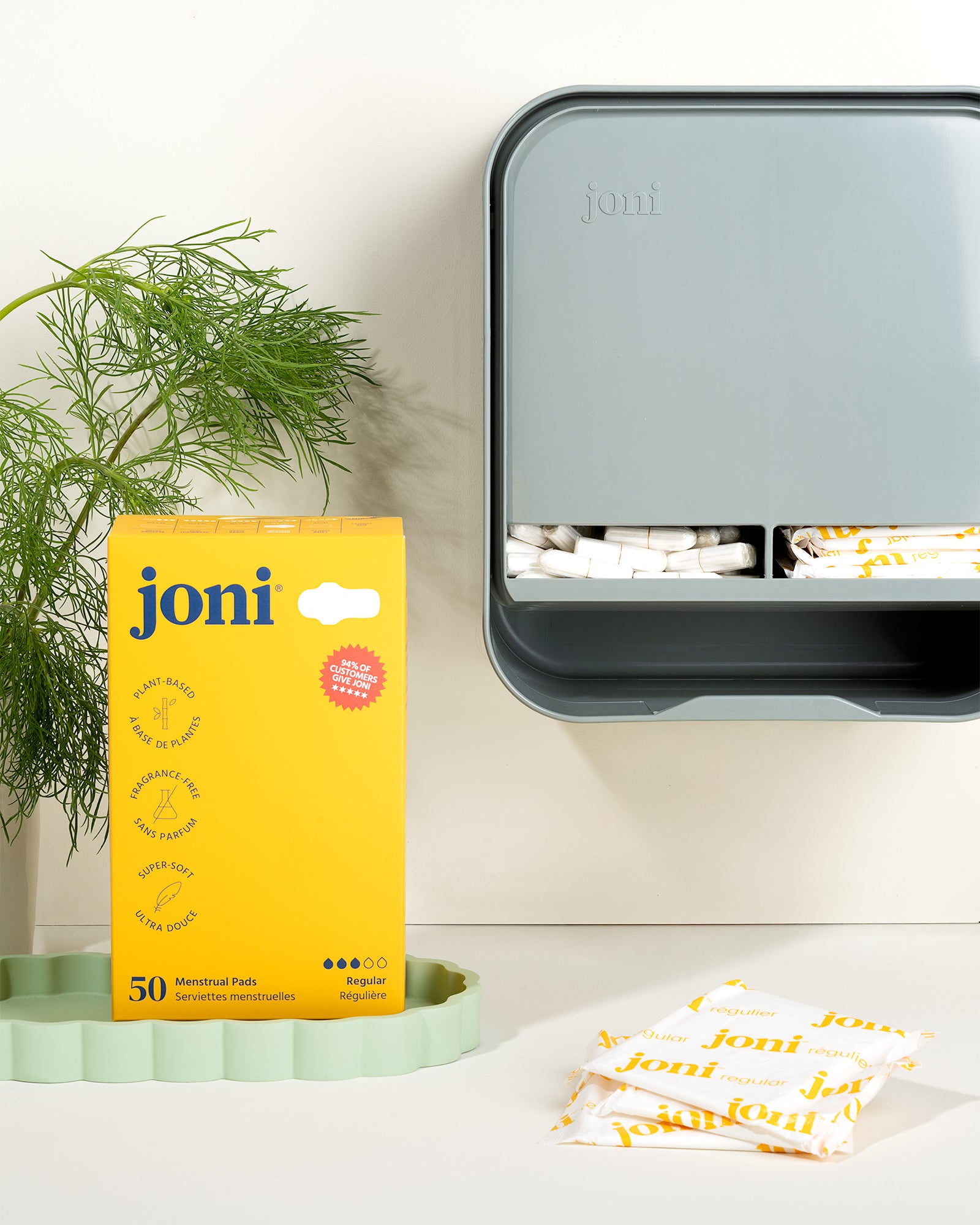 joni period care dispenser mounted above a tampon box, loose pads and a fern