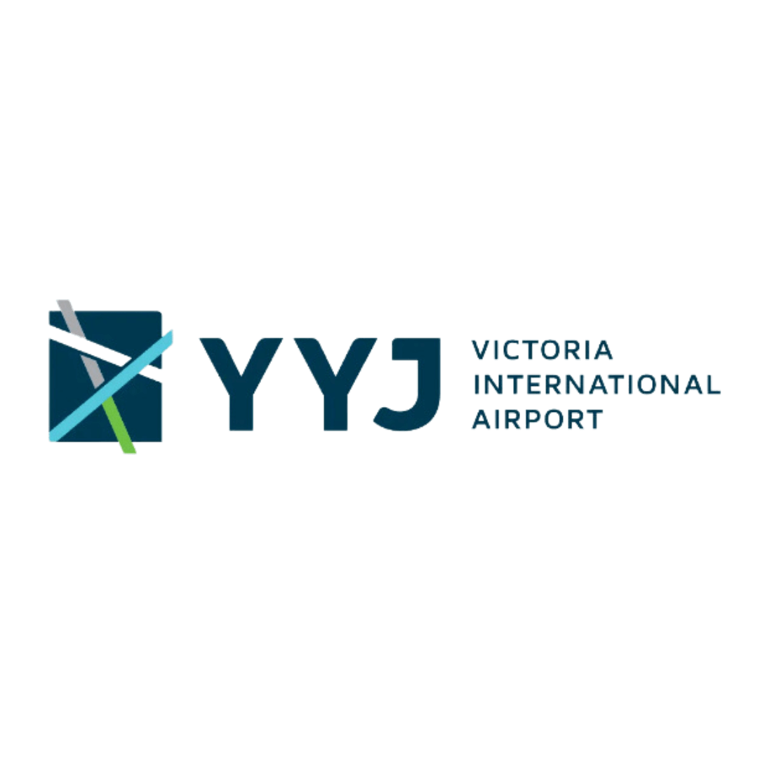 Victoria International Airport logo on a black background, featuring the text 'VICTORIA INTERNATIONAL AIRPORT' and the YYJ mark in blue with a small green and white accent.