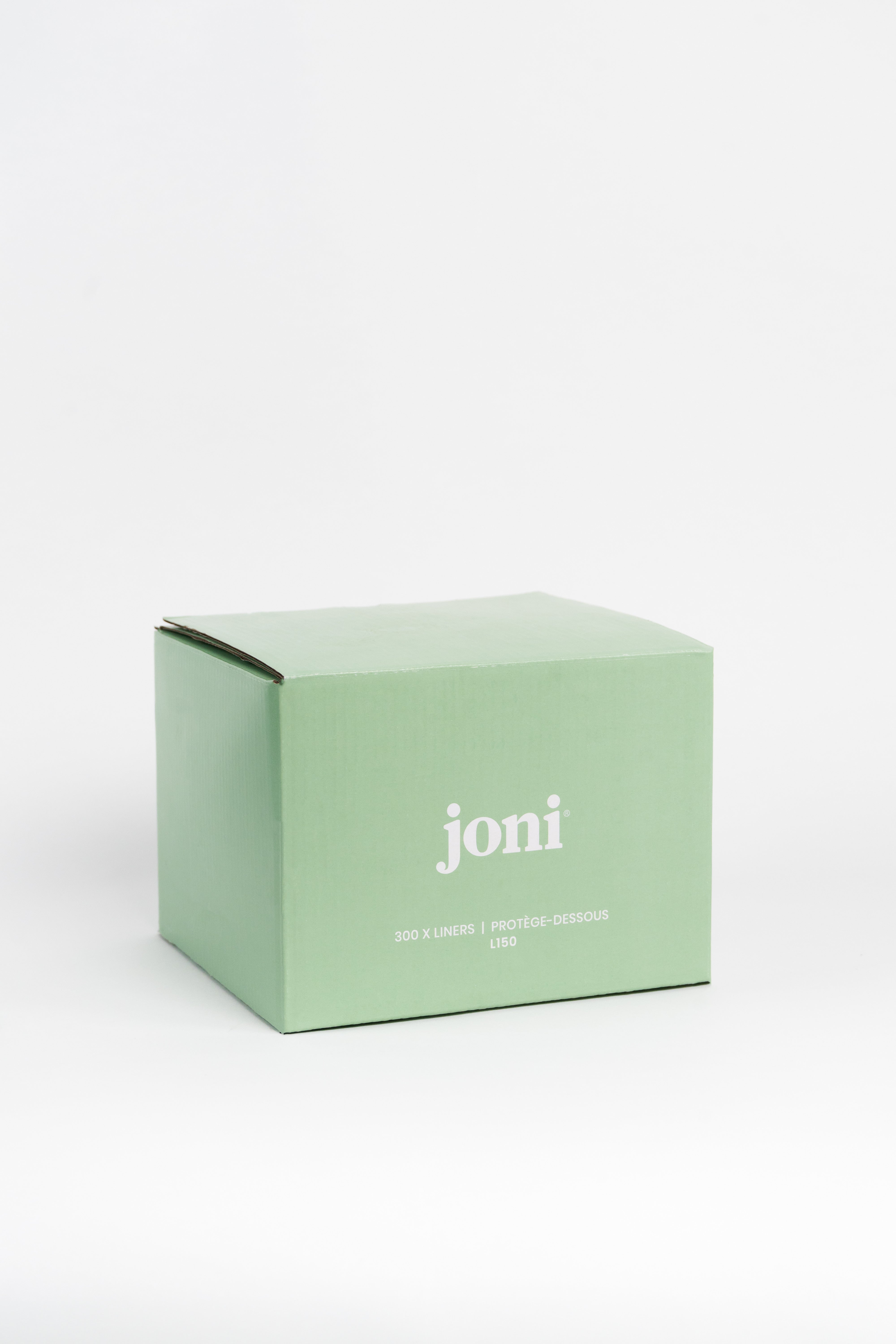Bulk box of joni bamboo liners on a white background