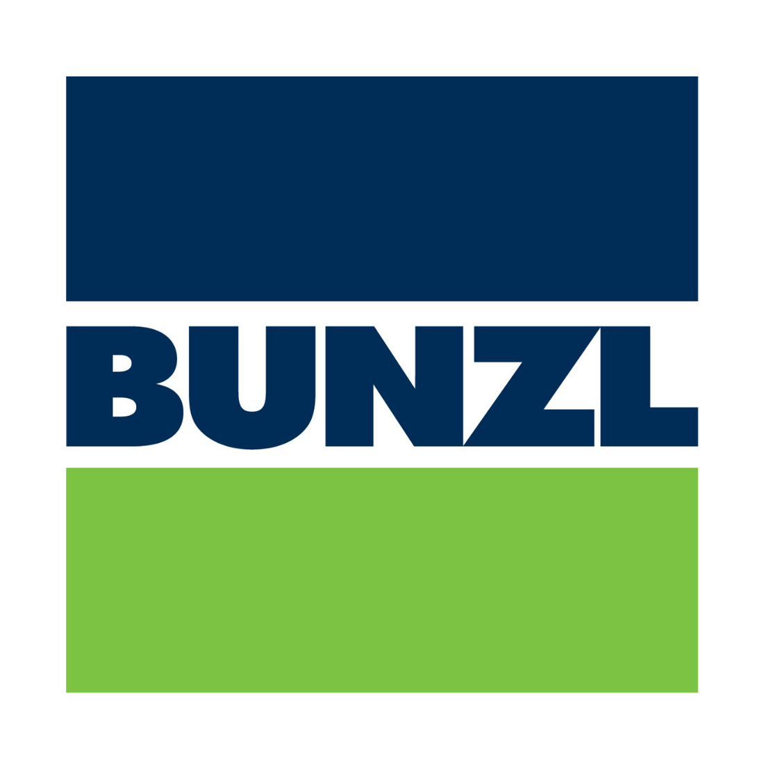 BUNZL logo featuring the brand name in bold navy blue letters centered on a white background, with a large navy blue rectangle above and a lime green rectangle below.