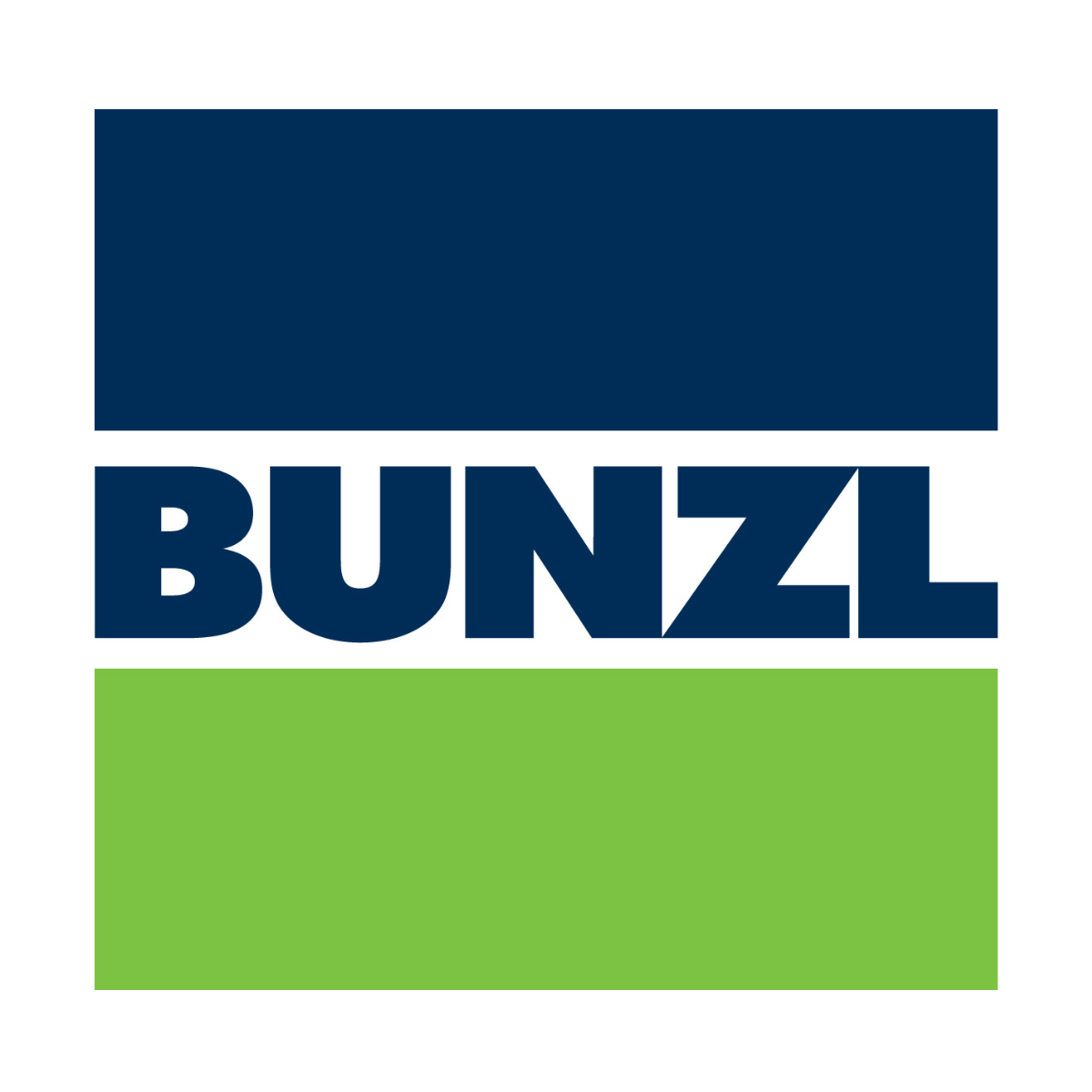 BUNZL logo featuring the brand name in bold navy blue letters centered on a white background, with a large navy blue rectangle above and a lime green rectangle below.