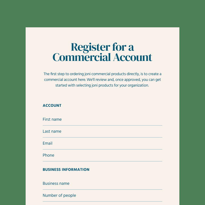 A digital graphic showing a registration form template for a joni commercial account.