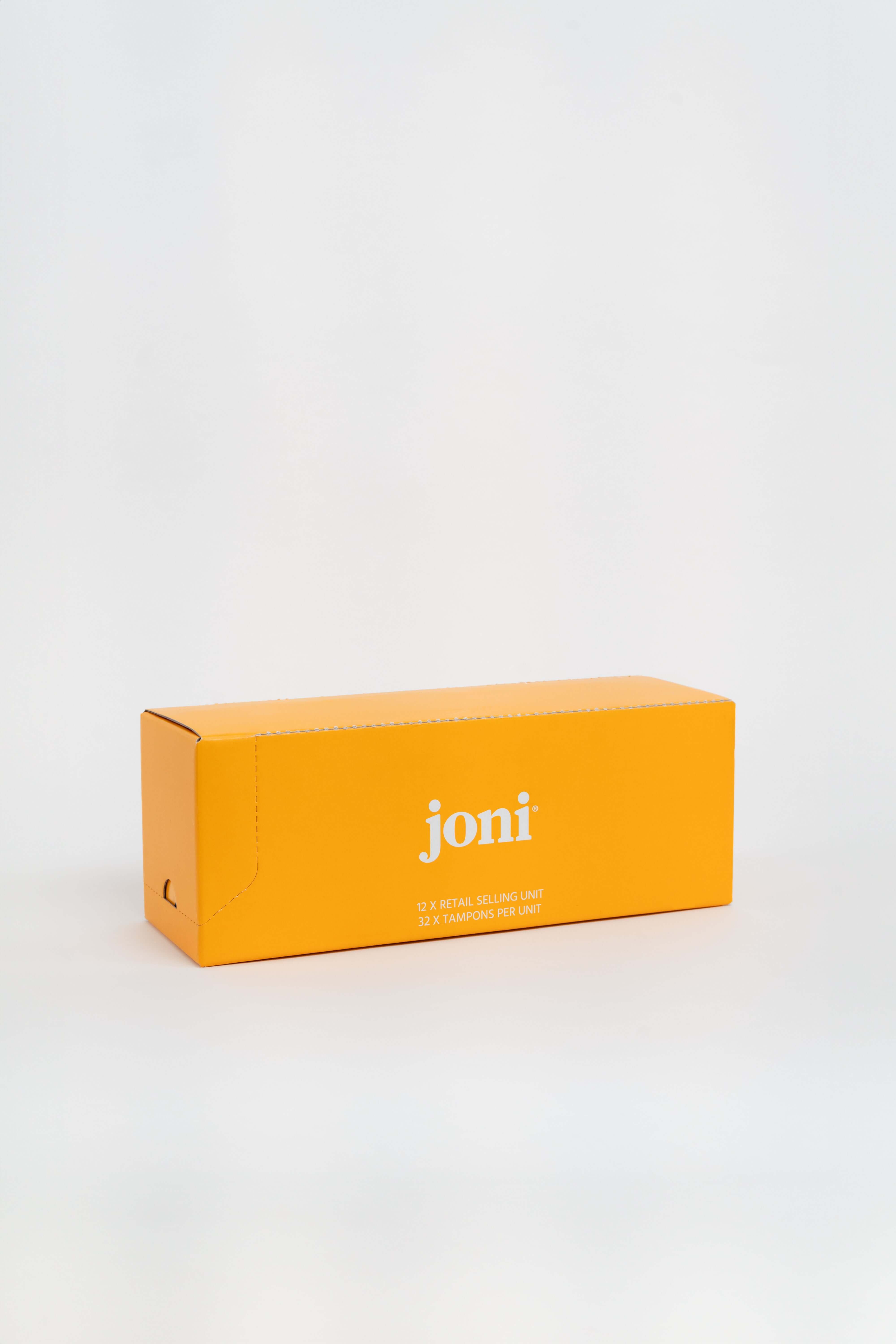 Yellow casepack of joni regular tampons for commercial washrooms