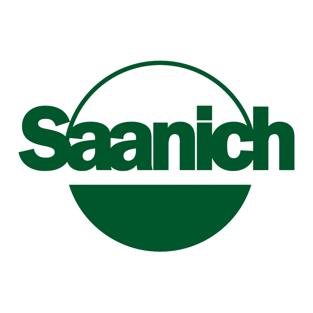 Green 'Saanich' logo text with a circular graphic on a black background.